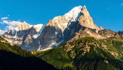Majestic snow-capped mountains rise against a vibrant, clear blue sky, showcasing a breathtaking vista of lush green valleys and forests nestled at their base.
