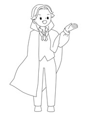 ドラキュラ衣装の男の子キャラ・線画（ハロウィン／背景透過）