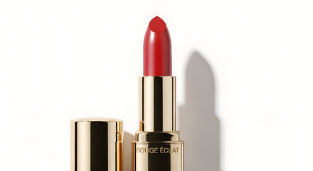 Red lipstick with gold case on white background