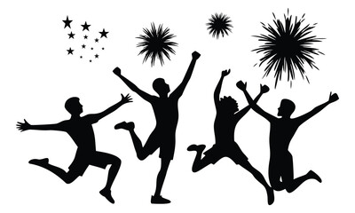 Joyful silhouette illustrations of people dancing, jumping, and playing