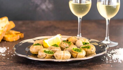 Gourmet Escargots: A culinary masterpiece, presenting a plate of escargots, exquisitely prepared with vibrant herbs and paired with a side of toasted bread and glasses of white wine.