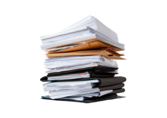 Tall stack of various office documents, envelopes, and folders on black background