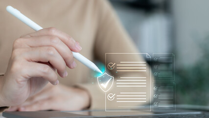 Hand using a digital pen with secure checkmark and document icons, representing online approval, digital document verification, business compliance, and cybersecurity protection technology concept.