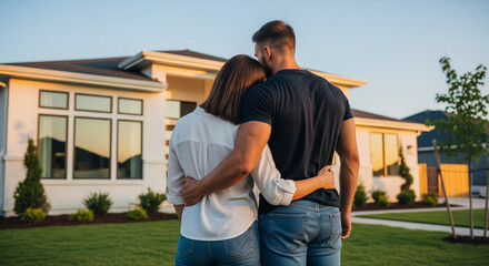 american young couple embracing in front of new house