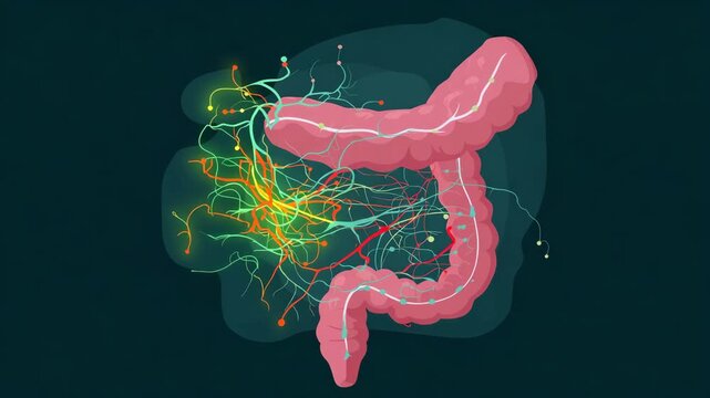 A cartoon drawing of a pink and purple stomach. Flat infographic showing nerve pathways wrapping around gut icon, enteric nervous system, clean minimal medical style