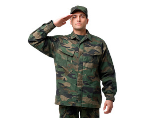 Fototapeta premium Caucasian male army soldier saluting in camouflage uniform
