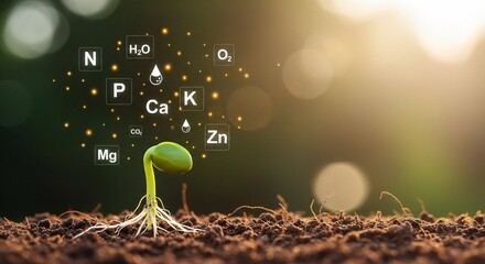 Sunlit plants accompanied by digital icons representing mineral nutrients. Highlighting fertilization and the essential function of nutrients in plant development