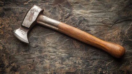 Carpenter's claw hammer with polished metal head and wooden handle resting on textured background, tool still life