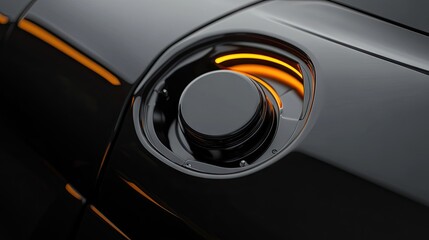 Car fuel cap open on black modern vehicle, close-up view highlighting fuel tank area and automotive design