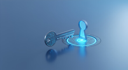 Digital key and keyhole with glowing blue light symbolizing cybersecurity and access control