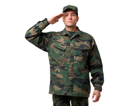Caucasian male army soldier saluting in camouflage uniform