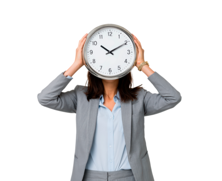 Female adult in gray suit holding wall clock over face on black background