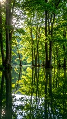 Fototapeta premium Lush forest reflected in a calm lake
