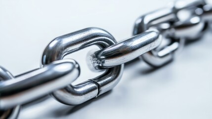 Obraz premium Close-up macro view of metallic chain links on plain white surface, showing texture, durability, and industrial design