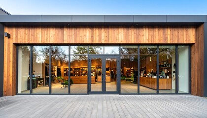 A modern retail storefront with large windows showcasing a well-lit interior space.