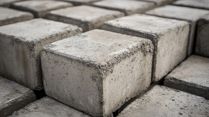 Close-up of a pile of cement blocks arranged in rows, highlighting texture and durability, perfect for construction, architecture, and industrial themes
