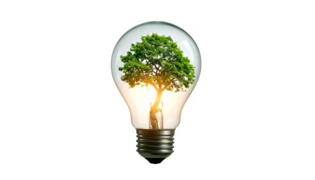  Floating Miniature Tree Inside Lightbulb on Plain isolated on transparent background
