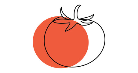 Minimal tomato illustration in continuous line style with red circle accent symbolizing fresh food, nutrition, and modern design