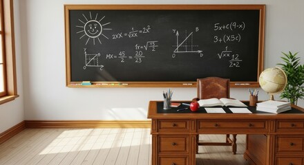 Sunlit classroom with a wooden desk, leather chair, globe, chalkboard filled with math equations and a cheerful sun drawing, books, and pencils