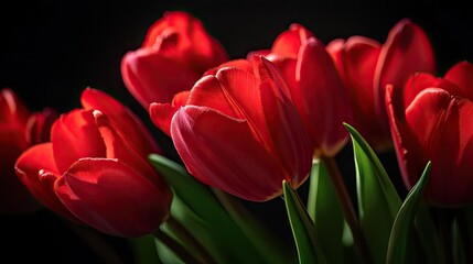 Close-up of fresh red tulips illuminated softly on a black background, highlighting delicate petals and vibrant colors for romantic and artistic themes