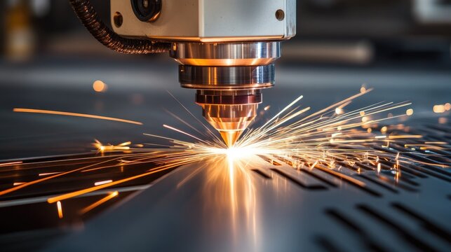 Close-up of fiber laser cutting bright sparks into steel sheet, showcasing precision industrial manufacturing and high-tech machinery