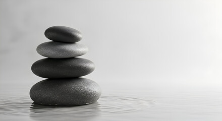 Stacked smooth stones balanced in harmony on reflective surface