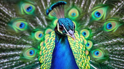 Obraz premium Close-up of peacock courtship display with feathers spread wide, showing detailed eyespots and shimmering colors, representing elegance and wildlife beauty