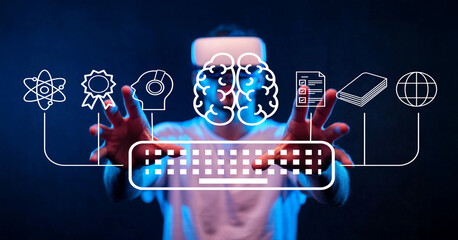 Virtual Reality Technology Interaction with Human Hands and Infographic Elements Representing Future Innovations and Learning Concepts