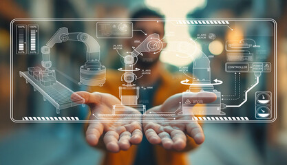 Futuristic Industrial Automation Concept with Robotic Arms and Smart Technology in Hands of Engineer in Urban Environment