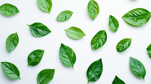 Close-up of vibrant green leaves arranged on white background, creating a minimal and refreshing botanical flat lay for health and nature themes
