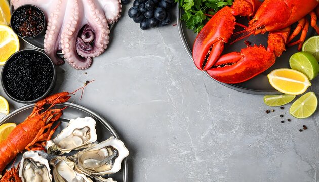Ocean's Bounty: A tantalizing array of fresh seafood delicacies, including vibrant lobsters, delicate oysters, and a tender octopus, artfully arranged with zesty lime, and a scattering of peppercorns.