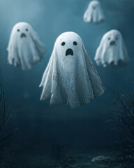 Ghostly apparitions float in a dark, eerie atmosphere, creating a spooky and mysterious scene.