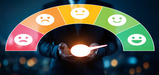 Businessman Holding an Emotion Meter with a Colorful Feedback Scale Displaying Various Levels of...
