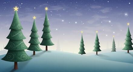 Obraz premium Christmas trees in snowy landscape under starry sky