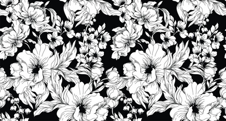 Black and white flowers pattern. Flowers background. Abstract elegance pattern