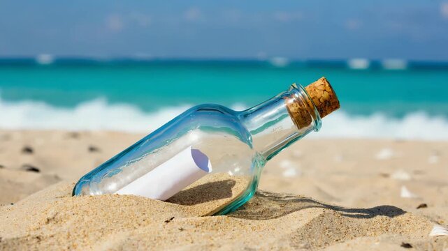 A glass bottle with a cork stopper rests on a sandy beach, containing a rolled-up message inside. The ocean is in the background.