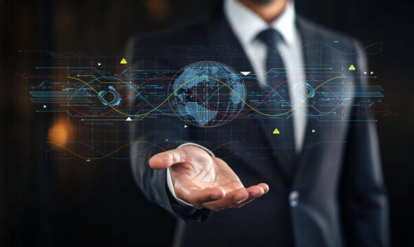 Business professional holding holographic globe representation with digital data streams and technological elements in modern corporate environment
