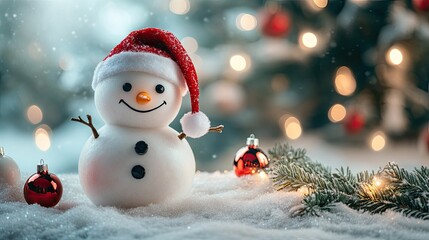 Cute smiling snowman wearing a Santa hat, standing beside sparkling Christmas tree decorations with glowing fairy lights in a cozy winter scene