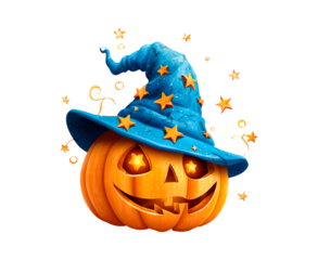 Smiling pumpkin with blue starry magic hat and glowing eyes on transparent background, PNG
