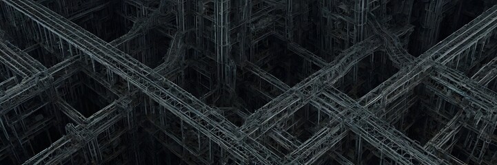 Futuristic Industrial Complex with Dark Metal Structures and Interconnected Walkways