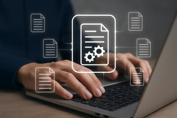 Person working on a laptop with digital document and gears icon overlay
