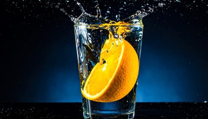 A vibrant orange slice immersed in a glass of water, showcasing dynamic water splashes against a dramatic dark backdrop.