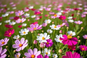 Obraz premium Vibrant cosmos flowers sway gently in a vast field, bathed in sunlight. Petals in shades of pink, white, and crimson create a breathtaking natural tapestry, summer, pretty