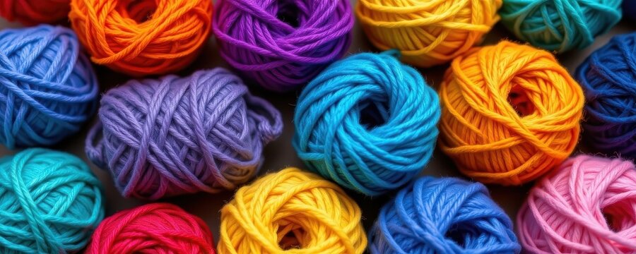 Vibrant colored yarn balls artfully arranged, showcasing a pleasing color palette, pastel, colorful, aesthetic