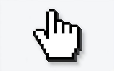image showcases a 3D-rendered, pixelated hand cursor icon in a classic black and white color scheme, reminiscent of early computer graphics.