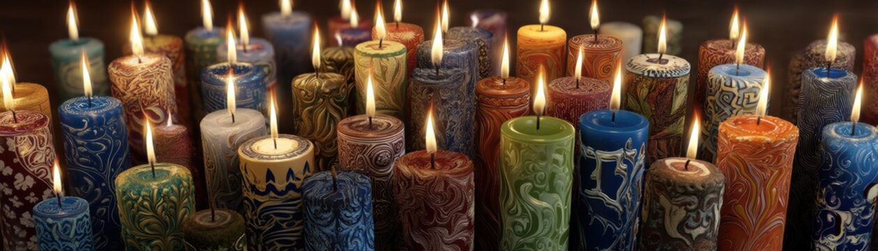 Glowing fractal patterns of candles create a mesmerizing visual effect, perfect for artistic and ambient themes in digital art and stock images, Yom Kippur Day with AI integrated
