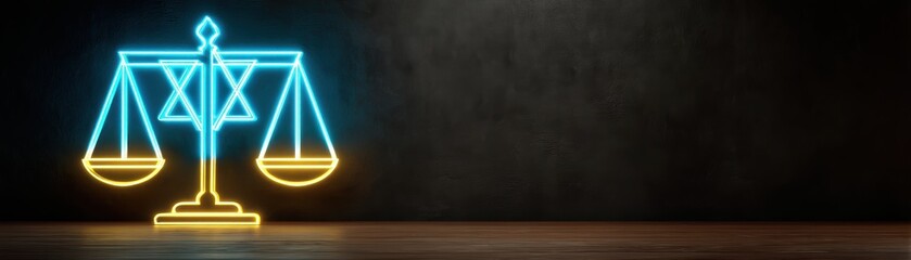 Digital illustration of glowing neon blue and gold digital scales designed for weighing items, showcasing a modern and vibrant aesthetic, Yom Kippur Day with AI integrated