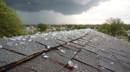 Hail Damaged Roof After Storm Gray Shingles and Threatening Sky
