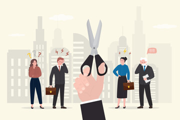 Boss threatens to staff reduction. Crisis, jobless. Businessman hand uses scissors trying to cut off troublesome human relationships or dismiss unnecessary employees.