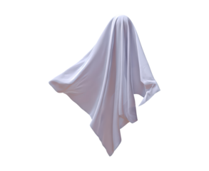 Floating ghostly figure under white sheet on transparent background, PNG